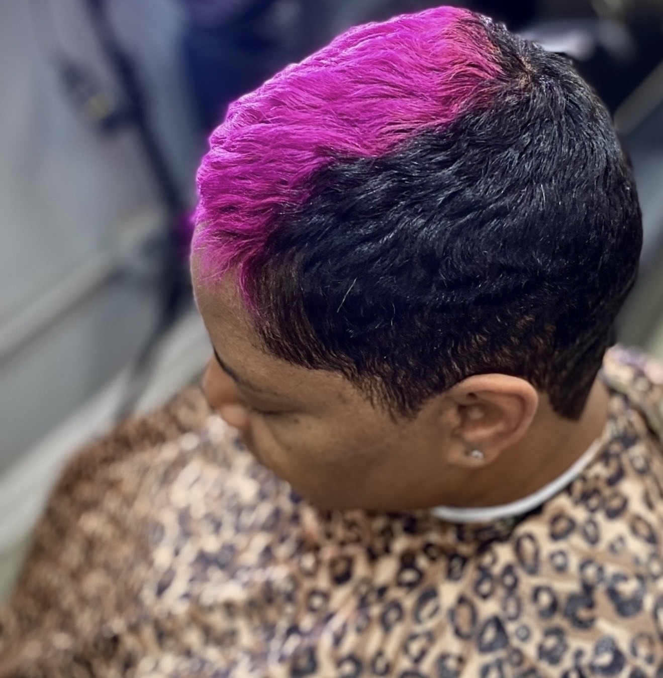 Magenta precision pixie cut at Genetik Bleu Salon